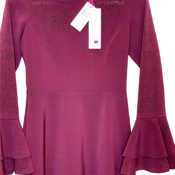 PARKER Orlando Laser Cut Bell Ruffle long Sleeve Dress Raisin Sheath Red 0 New - Picture 5 of 14